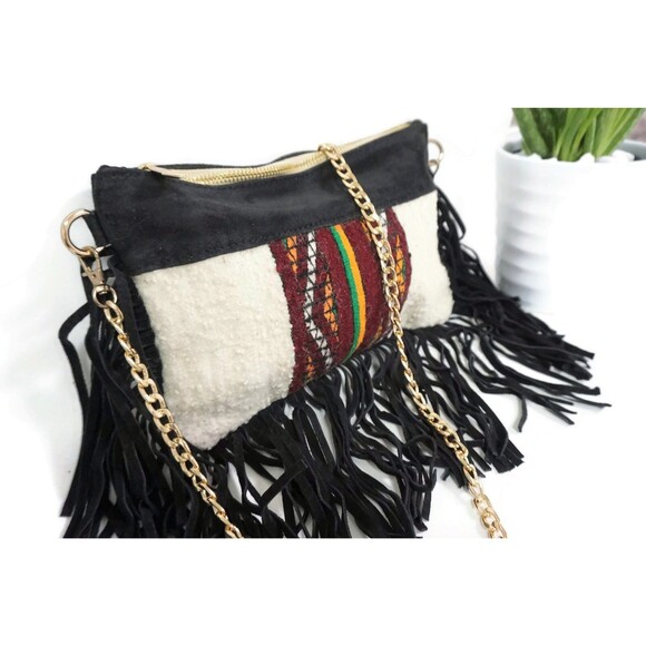 Handira Fringe Bag: Moroccan Kilim, Suede Leather Clutch - Picture 2 of 9